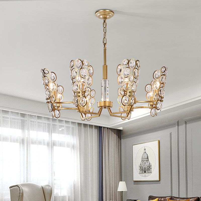 Brass Candelabra Suspension Pendant Postmodern 6 Heads Crystal Encrusted Ceiling Chandelier