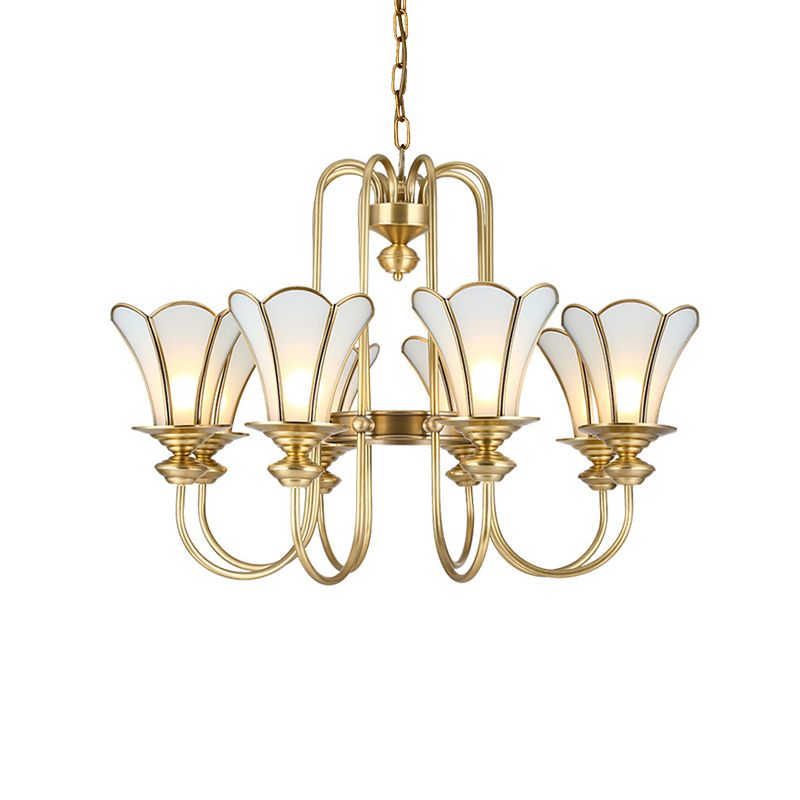 8 Lights Ceiling Chandelier Colonialism Flower White Frosted Glass Pendant Light in Gold with Curved Arm