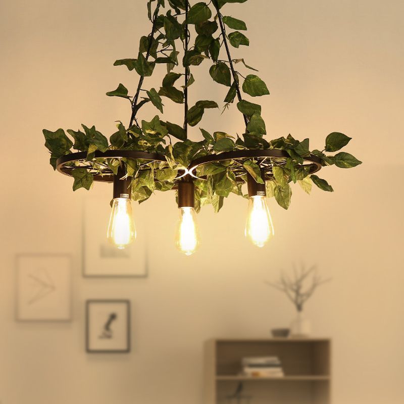 3/6 Heads Plant Ceiling Chandelier with Bare Bulb Metal Industrial Restaurant LED Pendant Light in Green