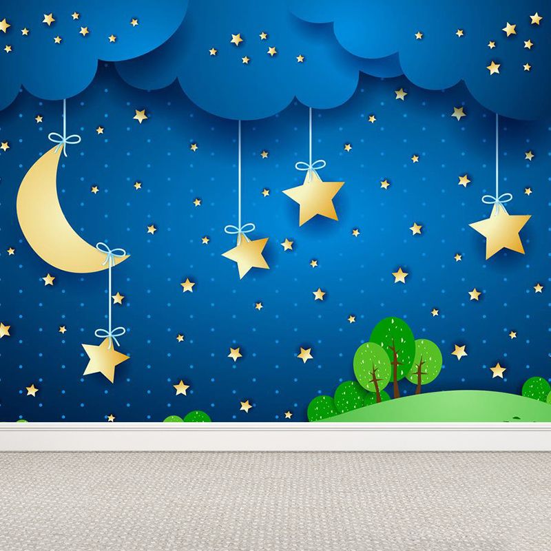 Moon and Stars Mural Decal Kid's Style Non-Woven Textured Wall Covering in Soft Color