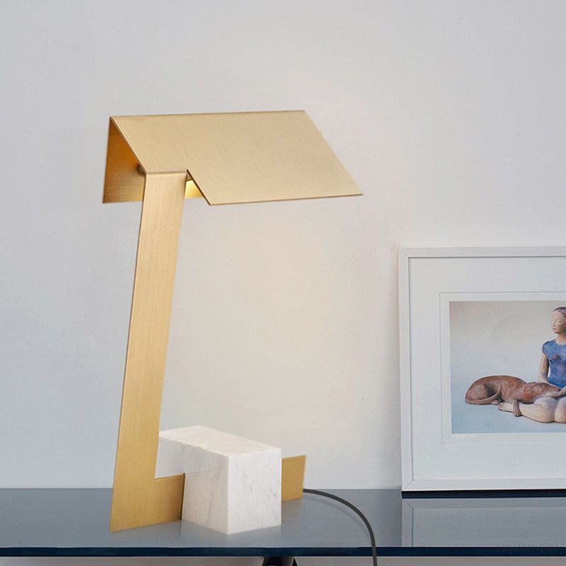 Triangle Metal Desk Light Modern 1 Bulb Gold Table Lamp with White Rectangular Marble Base