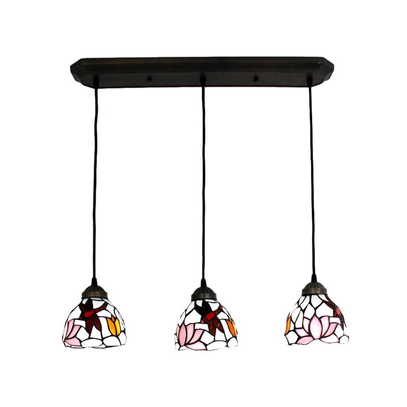 Hanging Lights for Dining Table, 3-Light Dragonfly Linear Ceiling Fixture with Art Glass Shade