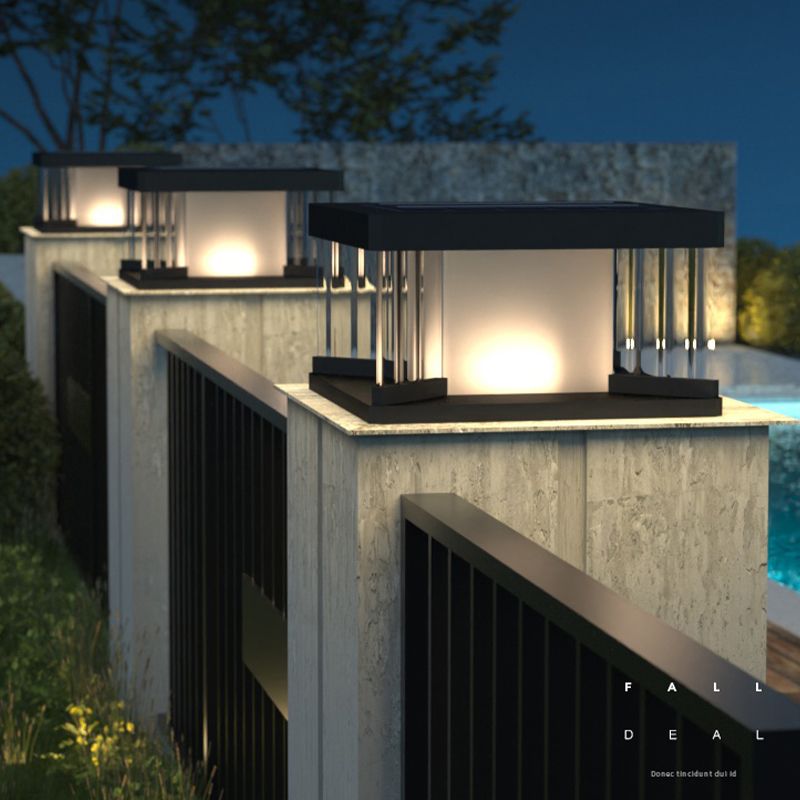 Metal Rectangular Shape Solar Pillar Lamp Modern 1 Light Outdoor Lights in Black