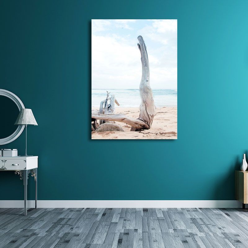 Beach Bare Trunk Seascape Canvas Print Tropics Textured Wall Art in Light Blue