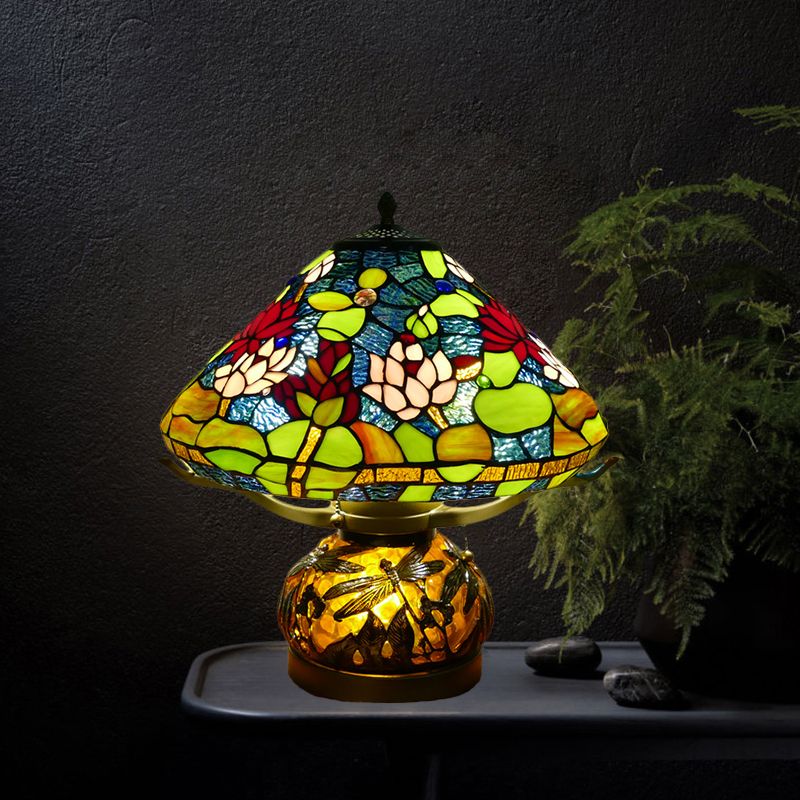 Stained Glass Conic Table Lamp Mediterranean 3 Heads Green Lotus Patterned Night Lighting for Bedroom