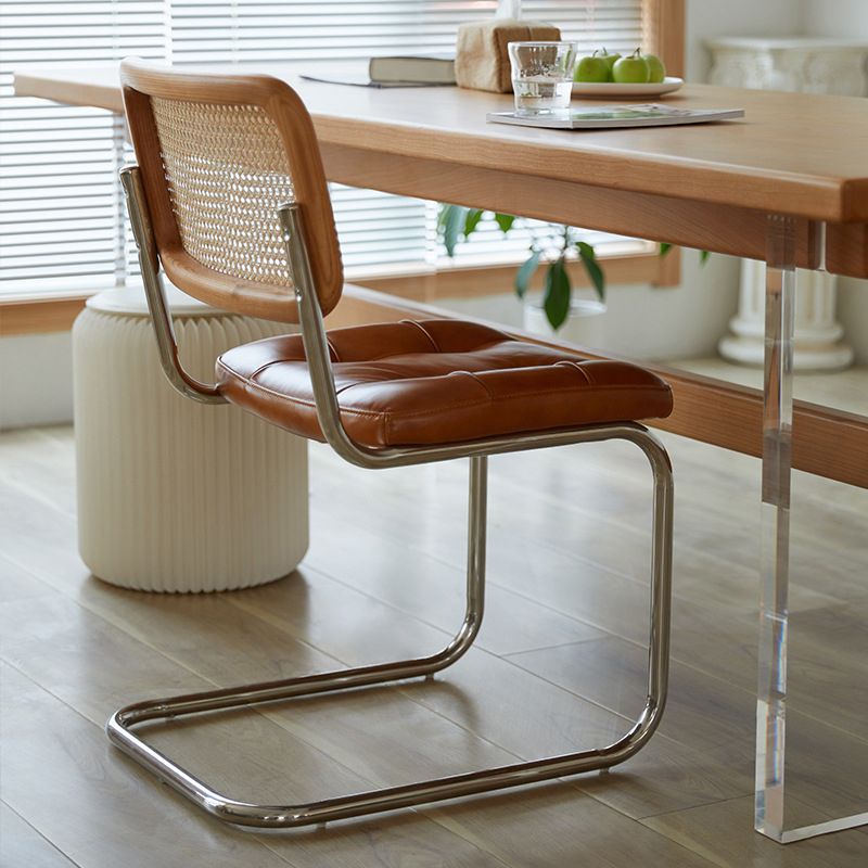 Rattan Armless Dining Chair Contemporary Side Chair with Silver Base