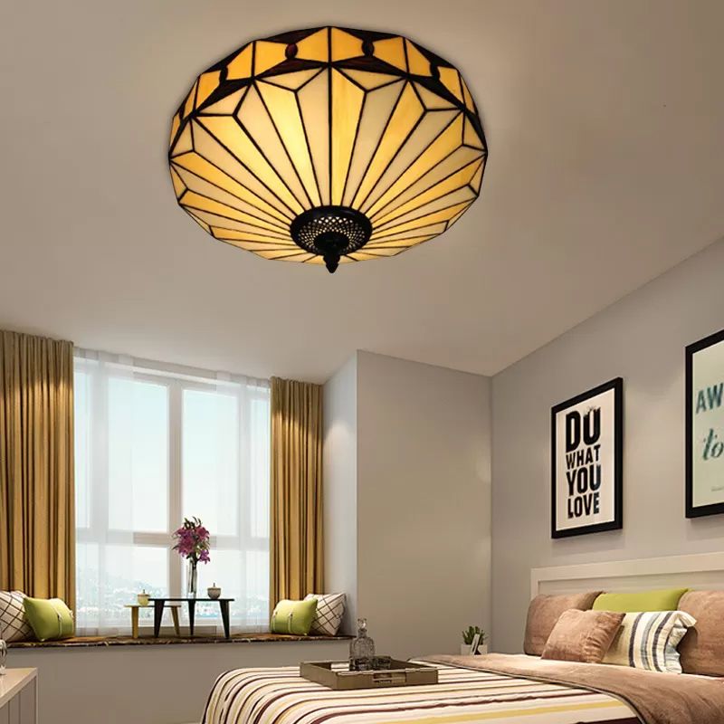 Stained Glass Ceiling Light for Bedroom, 2-Lights Flush Mount Light with Geometric Shade Mission Style, H8.5" x D16"