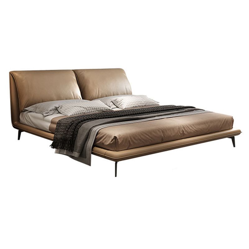 Genuine Leather Espresso Slat Bed Modern Standard Bed with Upholstered Headboard