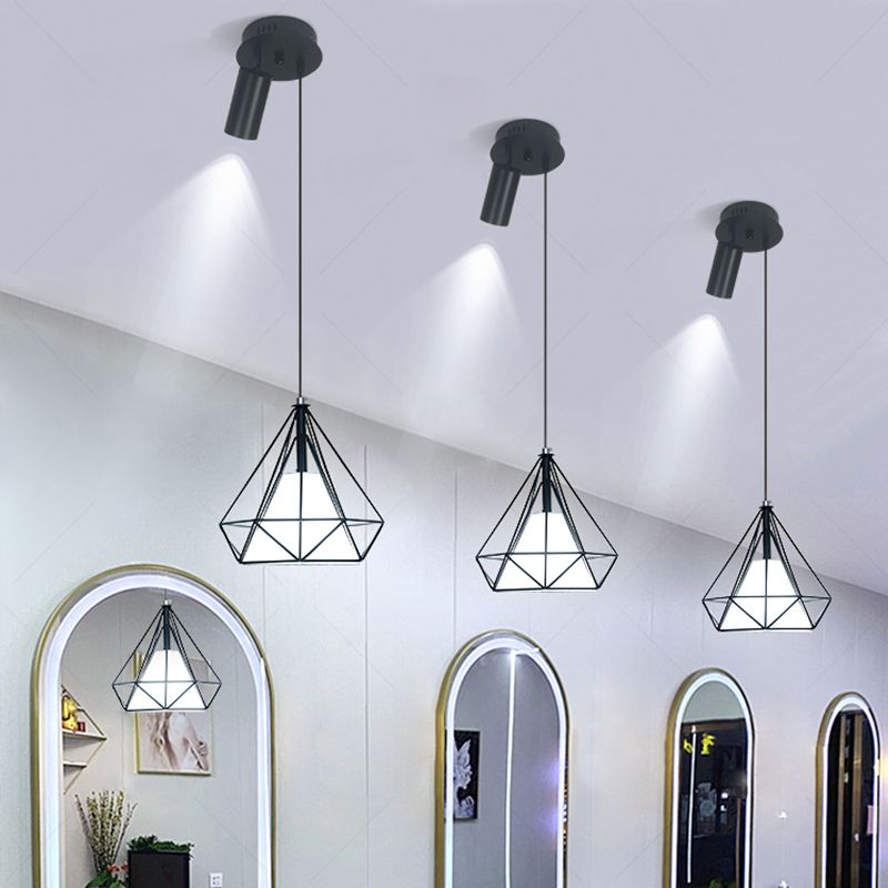 Vintage Diamond Drahtkäfig Anhänger 1 Bulb Metall Hanging Light mit Scheinwerferlicht in Schwarz