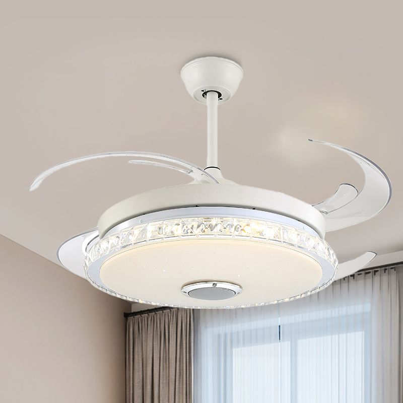 Minimalist Round LED Ceiling Fan Prismatic Crystal White Semi Flush Light for Bedroom