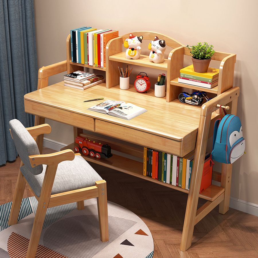 Wooden Children's Desk Home Desk with Chair Set with Storage Shelves