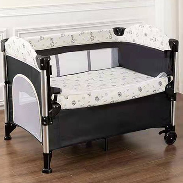 2-in-1 Folding Crib in Black Mini Crib With Wheels and Storage