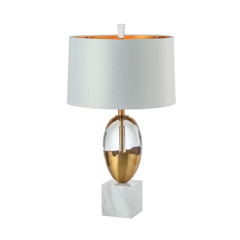 Drum Shade Table Lamp Modern Fabric 1 Bulb Gold Desk Light with Square White Marble Base