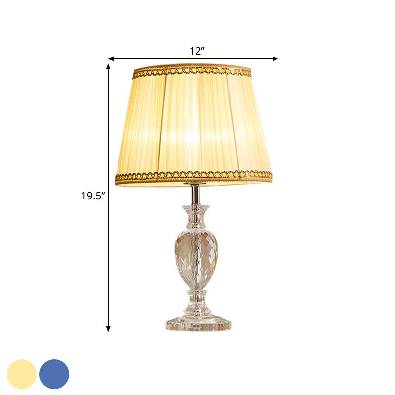 Traditional Pleated Shade Crystal Nightstand Lamp 1 Head Fabric Table Light in Yellow/Blue for Parlor