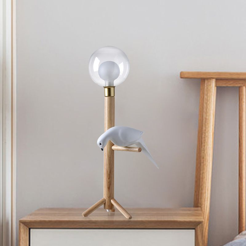 Sphere Bedside Night Light Clear Glass LED Modernist Wood Table Lamp with Bird Deco