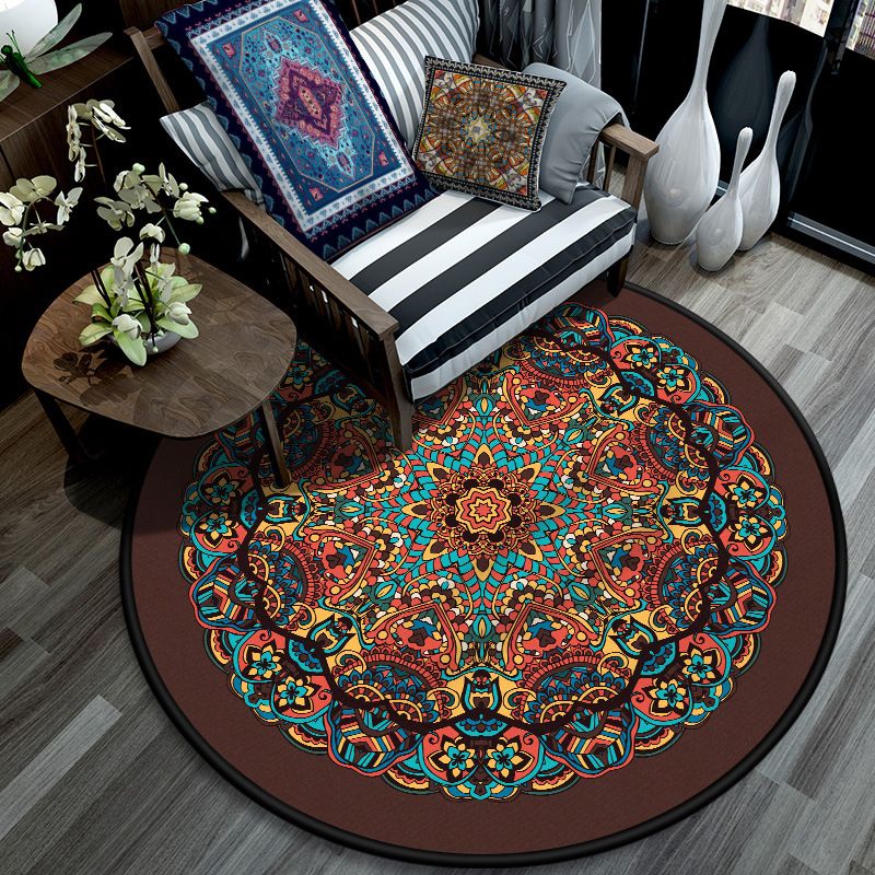 Retro Mandala Indoor Rug Dark Color Moroccan Carpet Polypropylene Non-Slip Pet Friendly Washable Rug for Sitting Room