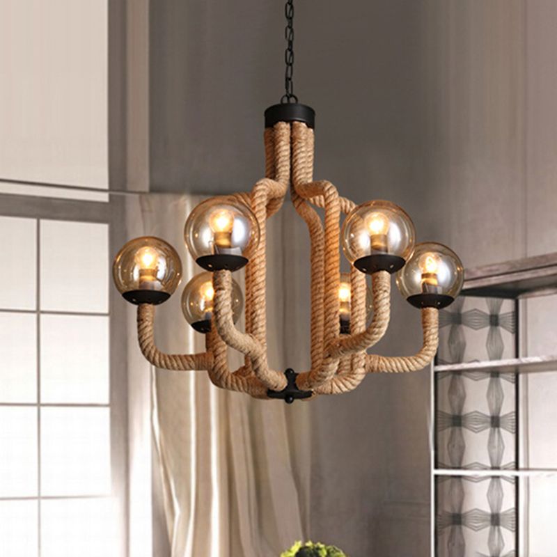 Globe Living Room Pendant Chandelier Industrial Rope 6 Lights Beige Hanging Fixture with Glass Shade