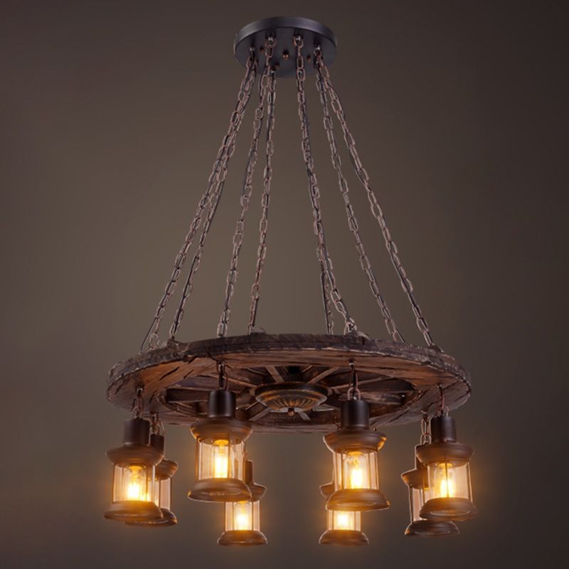 Beige Shaded Chandelier Lighting Fixture Antique Style Wooden Restaurant Ceiling Chandelier