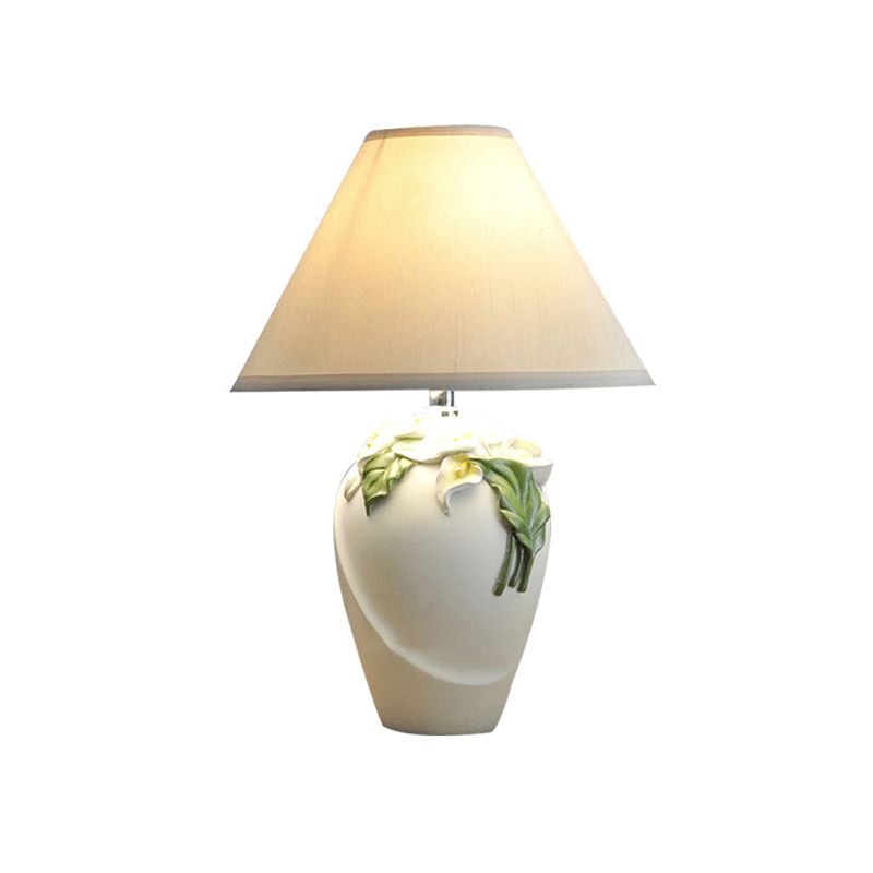 Resin Calla Lily Table Light Country 1-Bulb Bedside Nightstand Lamp in White with Cone Fabric Shade