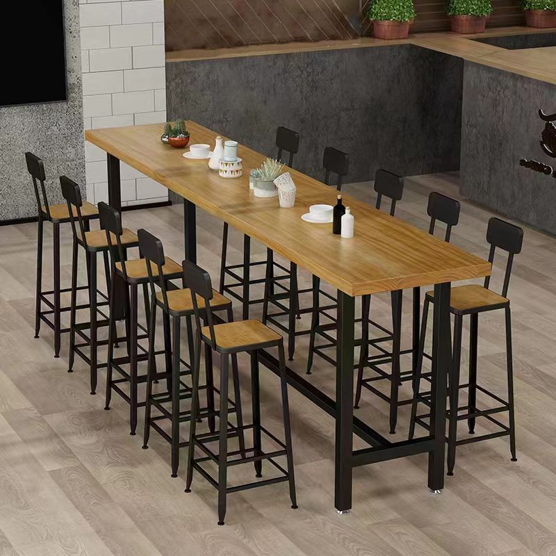 Rectangular Pine Wood Top Bar Table Industrial Bistro Table with Trestle Base in Black