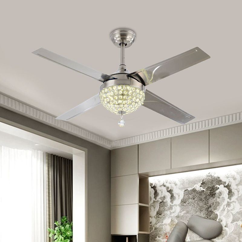 Clear Crystal Encrusted Nickel Semi Flush Bowl LED Contemporary Hanging Fan Light with 4 Blades, 52" Wide