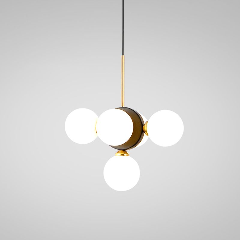 Orbs Restaurant Chandelier Pendant White/Amber Glass 5 Lights Mid Century Ceiling Suspension Lamp with Burst Design