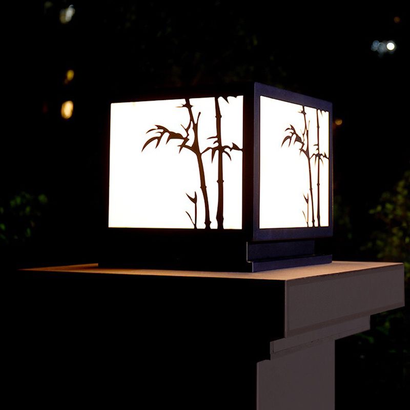 Square Shape Metal Outdoor Lights Modern Style 1 Light Solar Pillar Lamp in Black