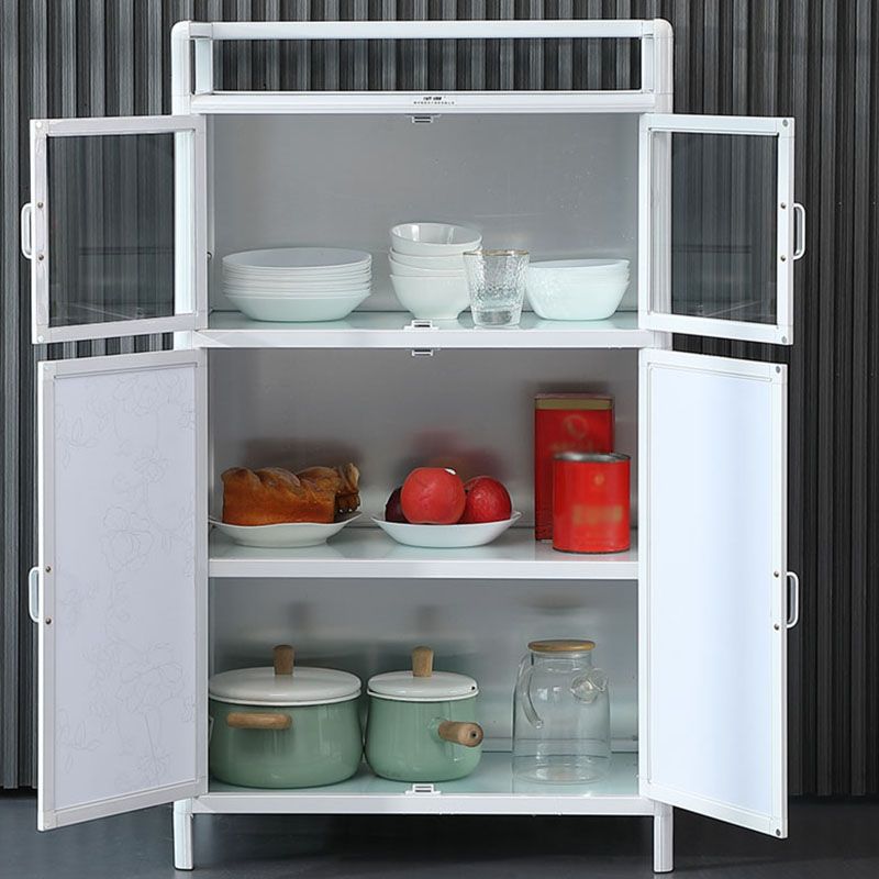 White Kitchen Buffet Stand Modern Metal Glass Doors Open Storage Buffet