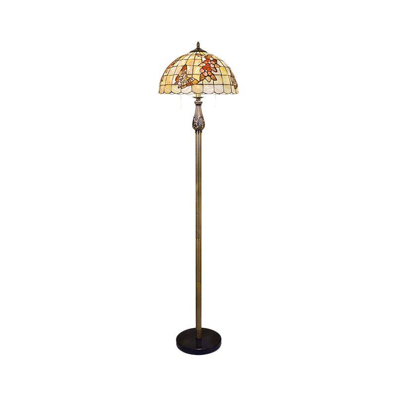 2 Heads Floor Reading Lamp Tiffany Scalloped Dome Shell Butterfly and Flower Patterned Floor Lighting in White