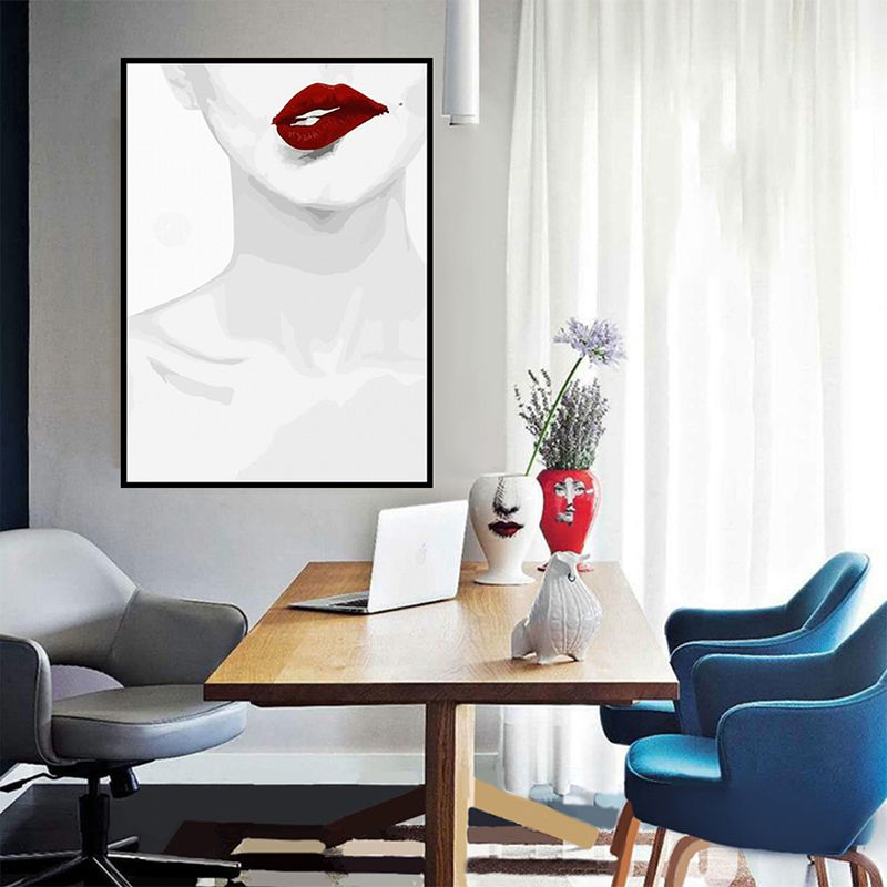 Fashion Canvas Wall Art Minimalist Sexy Woman Neck Bone and Red Lip Wall Decor in White