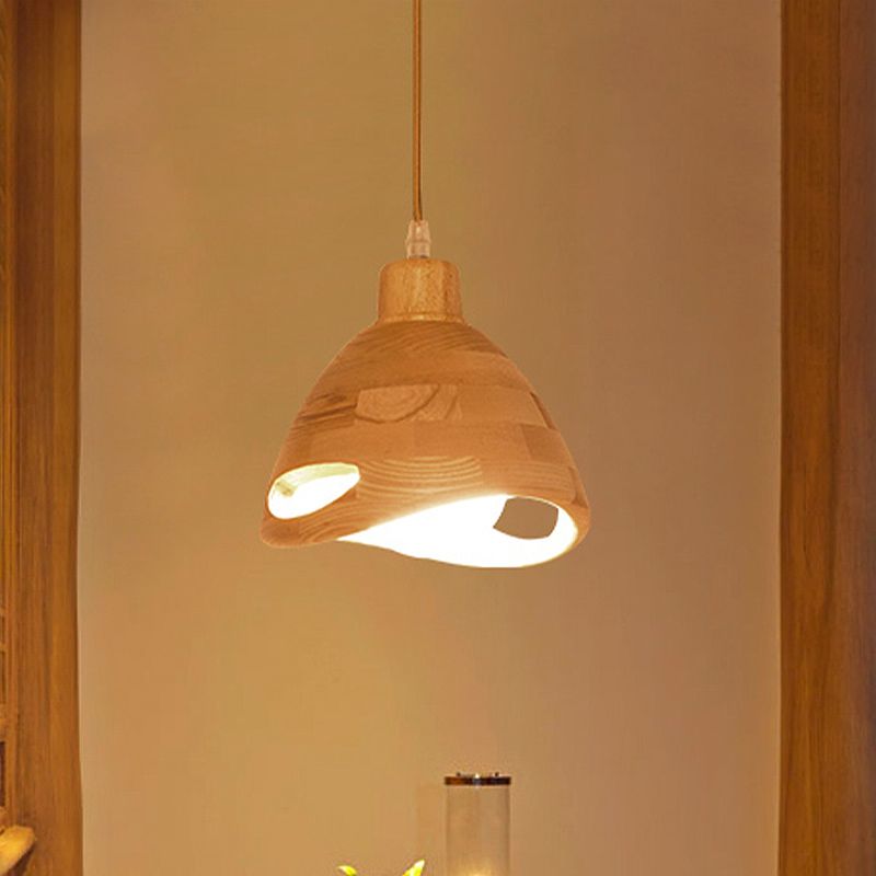 Contemporary 1 Head Pendant Lighting Beige Flared Hanging Light Fixture with Wood Shade