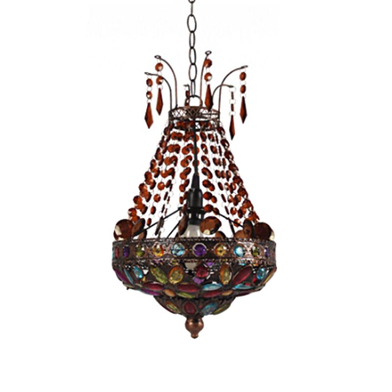 Stained Glass Beaded Teardrop Pendant Bohemian 1 Head Dining Room Hanging Ceiling Light in Copper