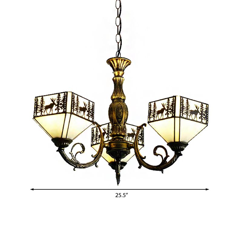 3 lumières petites maison en suspension de style rétro en suspension lustre inversé en vitrail avec un motif de cerf et d'arbre en blanc