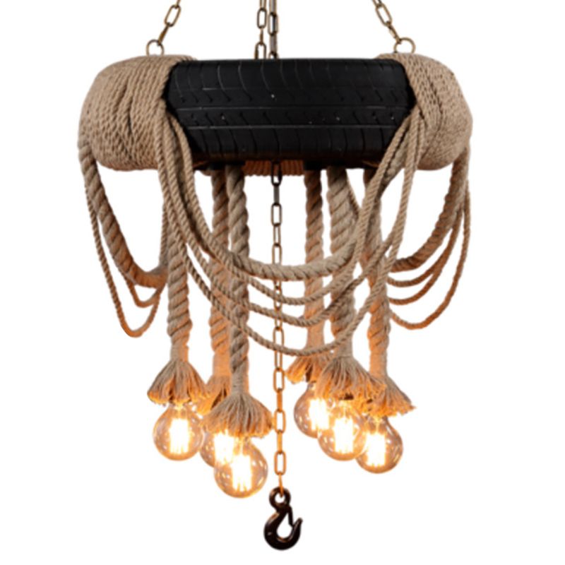 Black Tyre Hanging Chandelier Warehouse Rope 5 Lights Restaurant Suspension Pendant Light