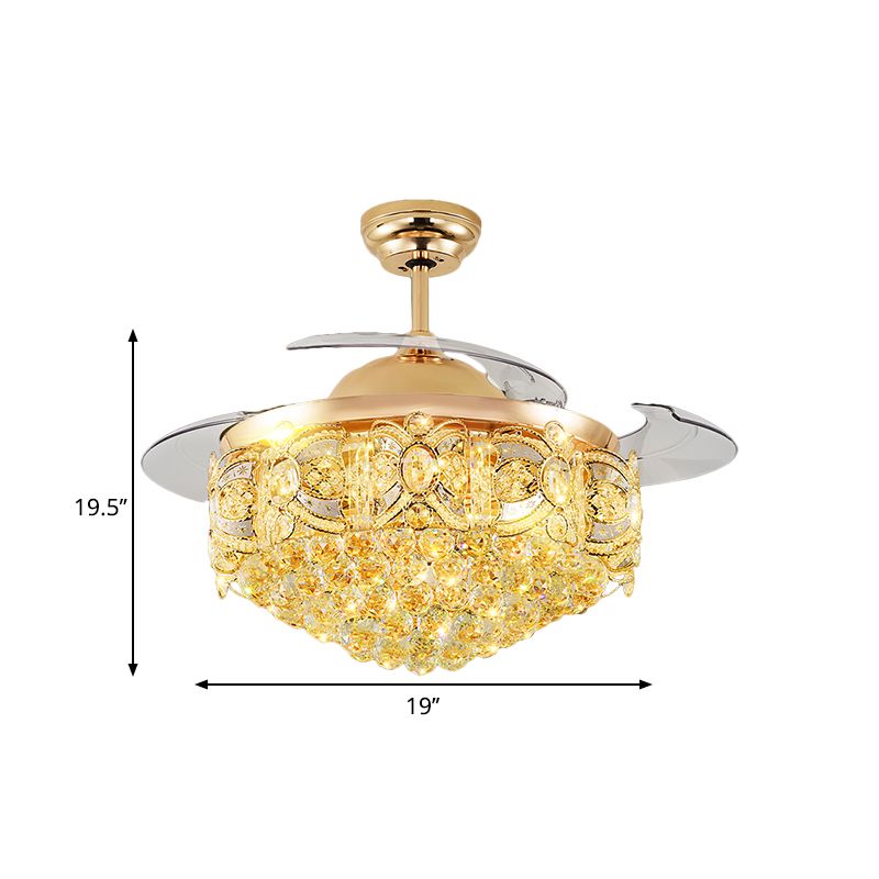 19" W Tapered Ceiling Fan Lamp Victorian Crystal Orbs LED Parlor Semi Flush Light in Gold with 4 Blades