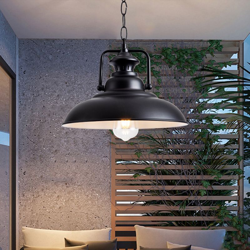 1 Light Pendant Light Industrial Dome Shade Metal Hanging Lamp in Black with Swivel Joint