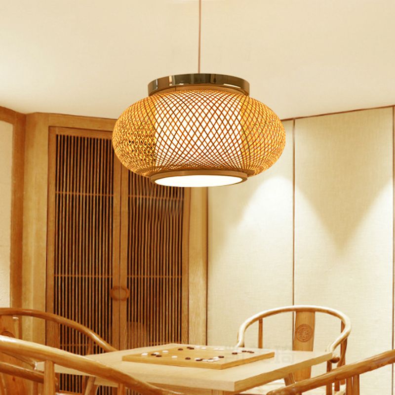 Asian Style 1 Light Hanging Lamp with Bamboo Shade Beige Rounded Drum Pendant Light Fixture, 16"/19.5" W