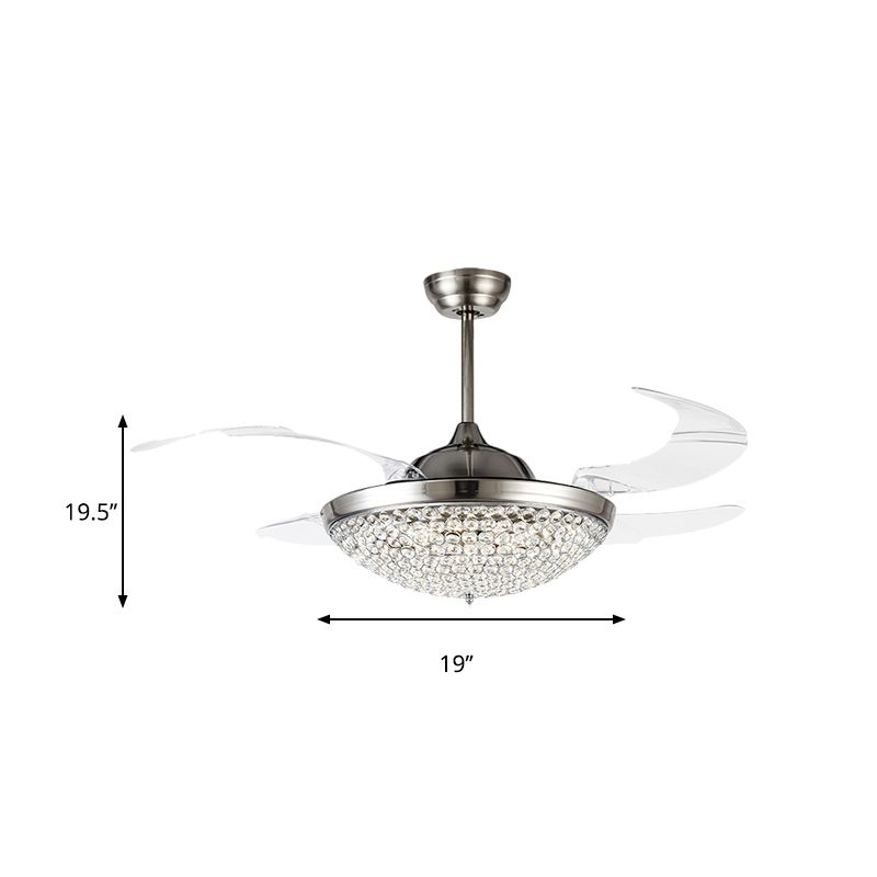 19" W Domed Semi Flush Mount Lamp Minimalist Crystal Encrusted LED Nickel Ceiling Fan Light, 4 Blades