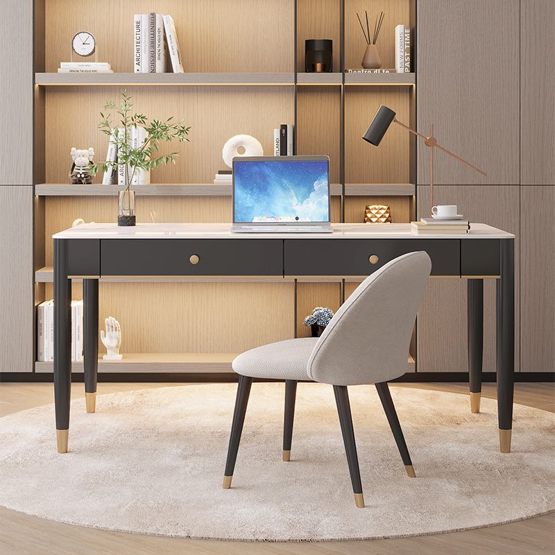 Contemporary Stone Office Desk 2 Drawers Parsons Base Writing Desk