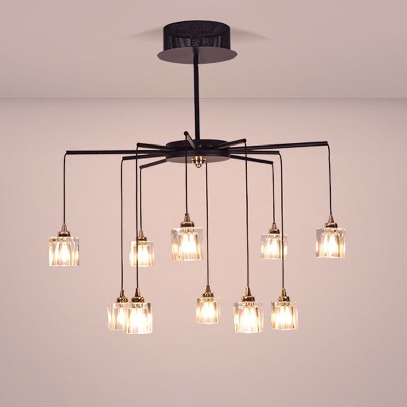 Black Finish Radial Ceiling Chandelier Modernist 10 Lights Metal Pendant with Cube Clear Crystal Shade