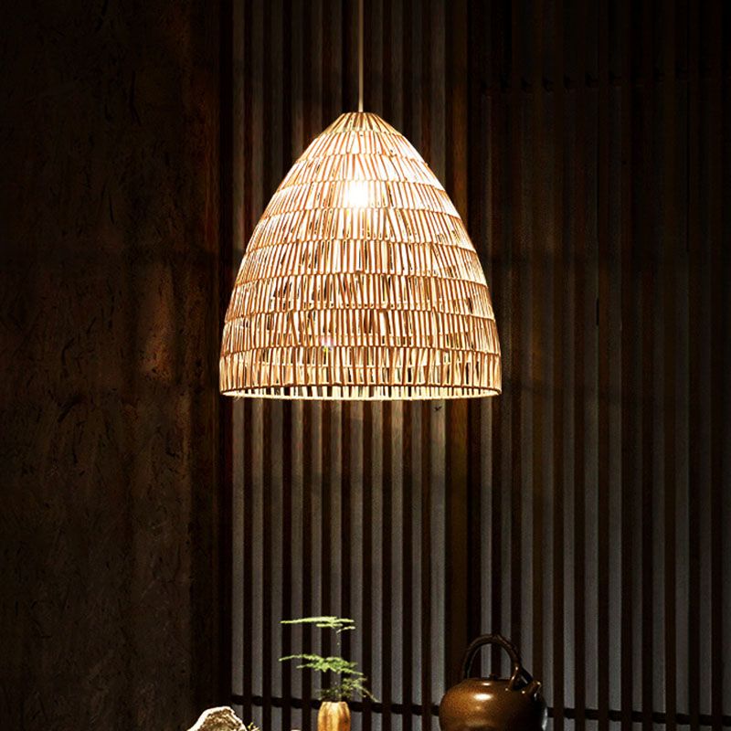 Cloche Shaped Rattan Hanging Ceiling Light Asian Single Wood Pendant Lighting Fixture