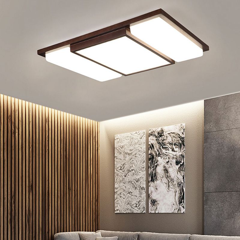 Brown Modern Wood Flush Mount Geometric Shape Ceiling Light with Acrylic Shade for Bedroom