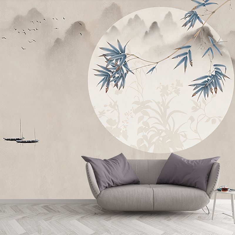 Blue and Brown Bamboo Mural Wallpaper Stain-Resistant Wall Covering for Home Decoration