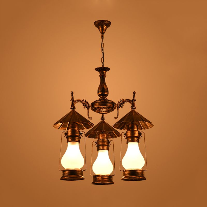 Bronze 3 Heads Pendant Chandelier Warehouse Yellow Crackle/White Glass Kerosene Hanging Ceiling Light for Restaurant