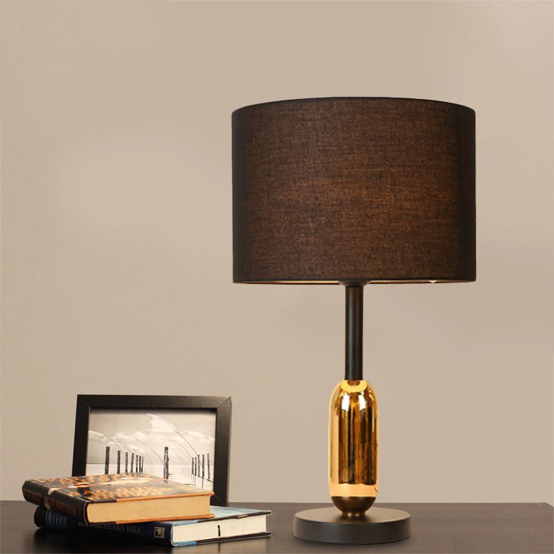 Black Drum Nightstand Light Modernist 1 Light Fabric Plug In Desk Lamp with Brass Capsule Detail