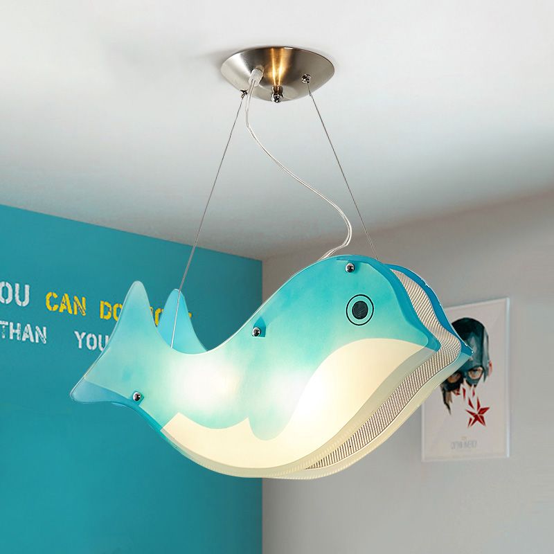 Modern Fish Hanging Light Metal Two Lights Blue Ceiling Pendant for Girls Bedroom