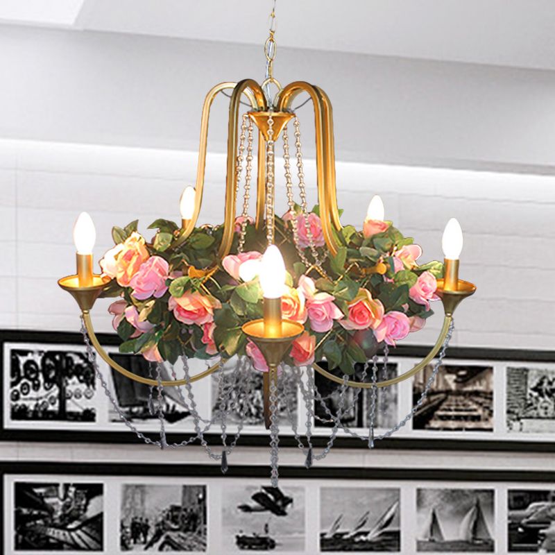 5 Heads Iron Chandelier Lighting Antique Gold Candlestick Restaurant Flower Ceiling Lamp with Crystal Strand