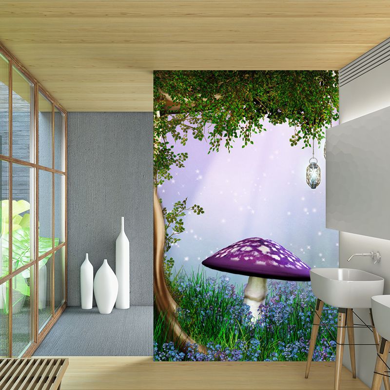 Plant Mushroom and Tree Murals Non-Woven Fabric Stain Resistant Purple and Green Wall Art for Kids Room