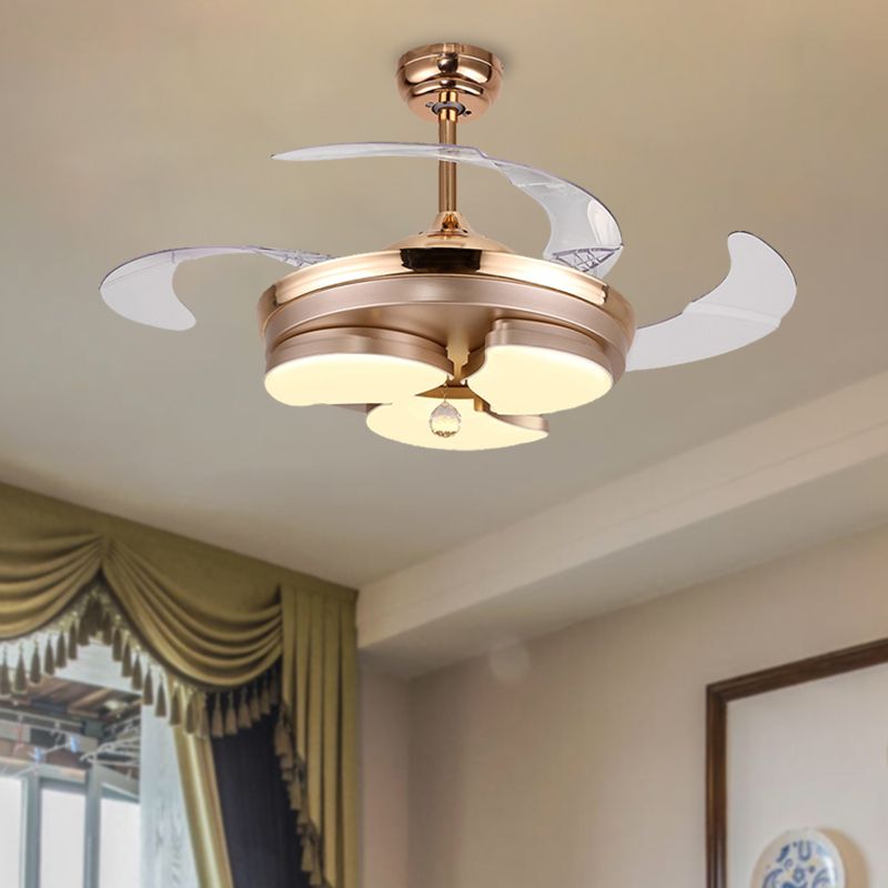 3/6 Leaf LED Ceiling Cooler Fan Modern Style Metal Rose Gold Semi Flush Mount Lamp with Crystal Drop, Frequency Conversion/Remote Control/Wall Control