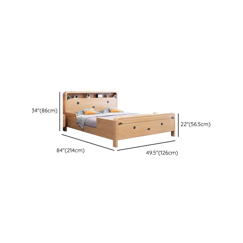 Solid Wood Platform Bed Natural Rubberwood Kids Bed with Headboard and Guardrail